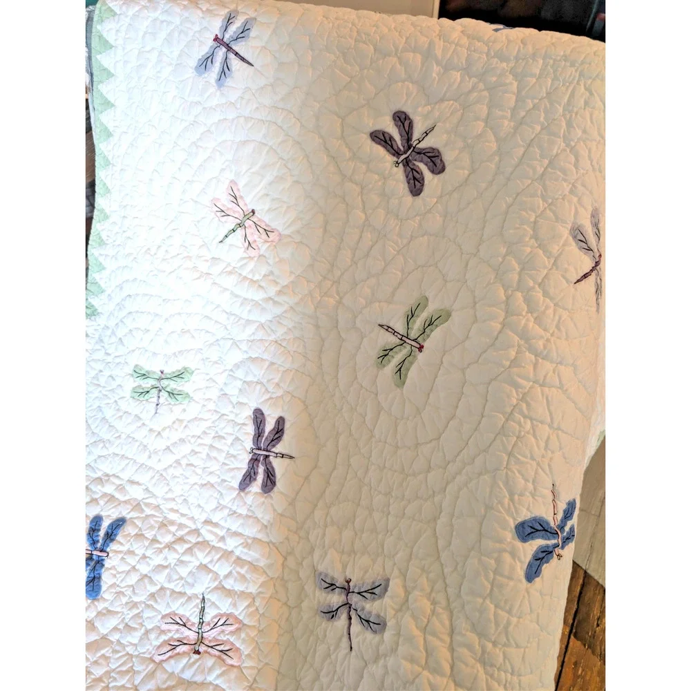 Dragonflies Baby Quilt White Lavender Blue & Green 42 x 51